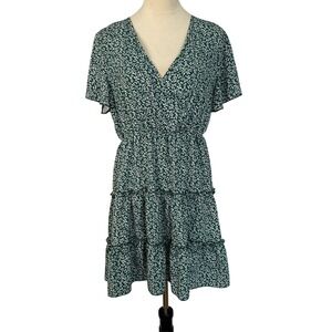 Floral Mini Dress Green White Flutter‎ Sleeve Tiered Summer Sundress Women Large
